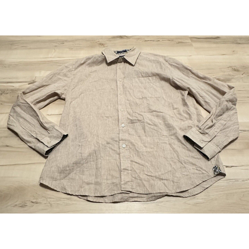 Alan Flusser Men XL Shirt Cotton Linen Button‎ Down Beige